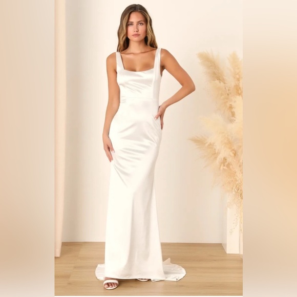 Sensational Promise White Satin Square Neck Mermaid Maxi Dress - Picture 1 of 7